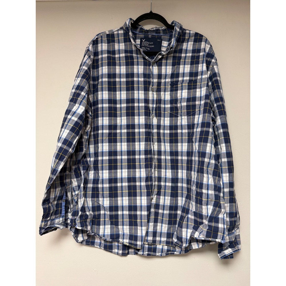 American Eagle Outfitters XXL Plaid Flannel Shirt Blue White Yellow